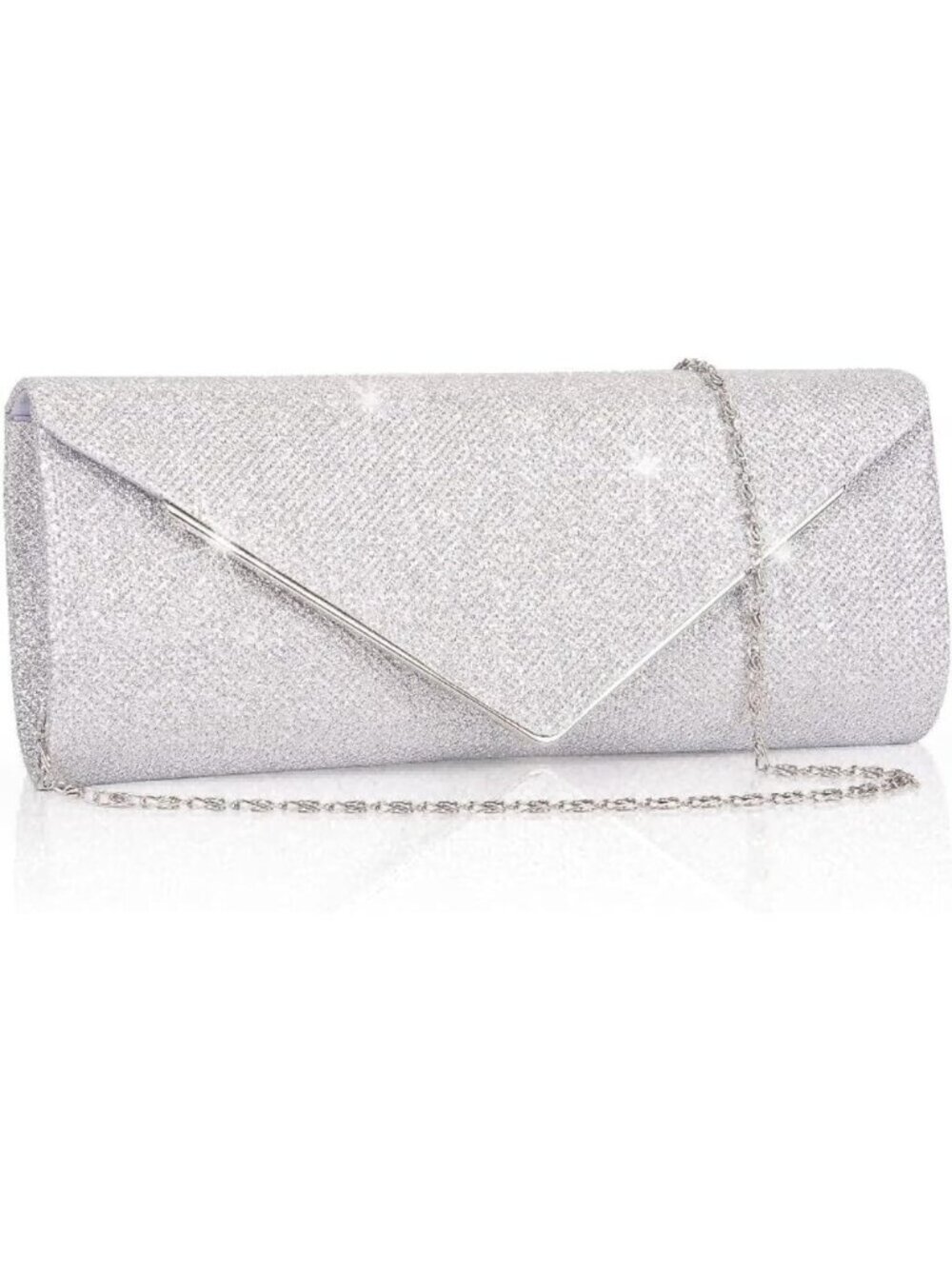 🆕Women Silver Clutch Purses Sparkling Envelope Evening Bag Detachable Chain